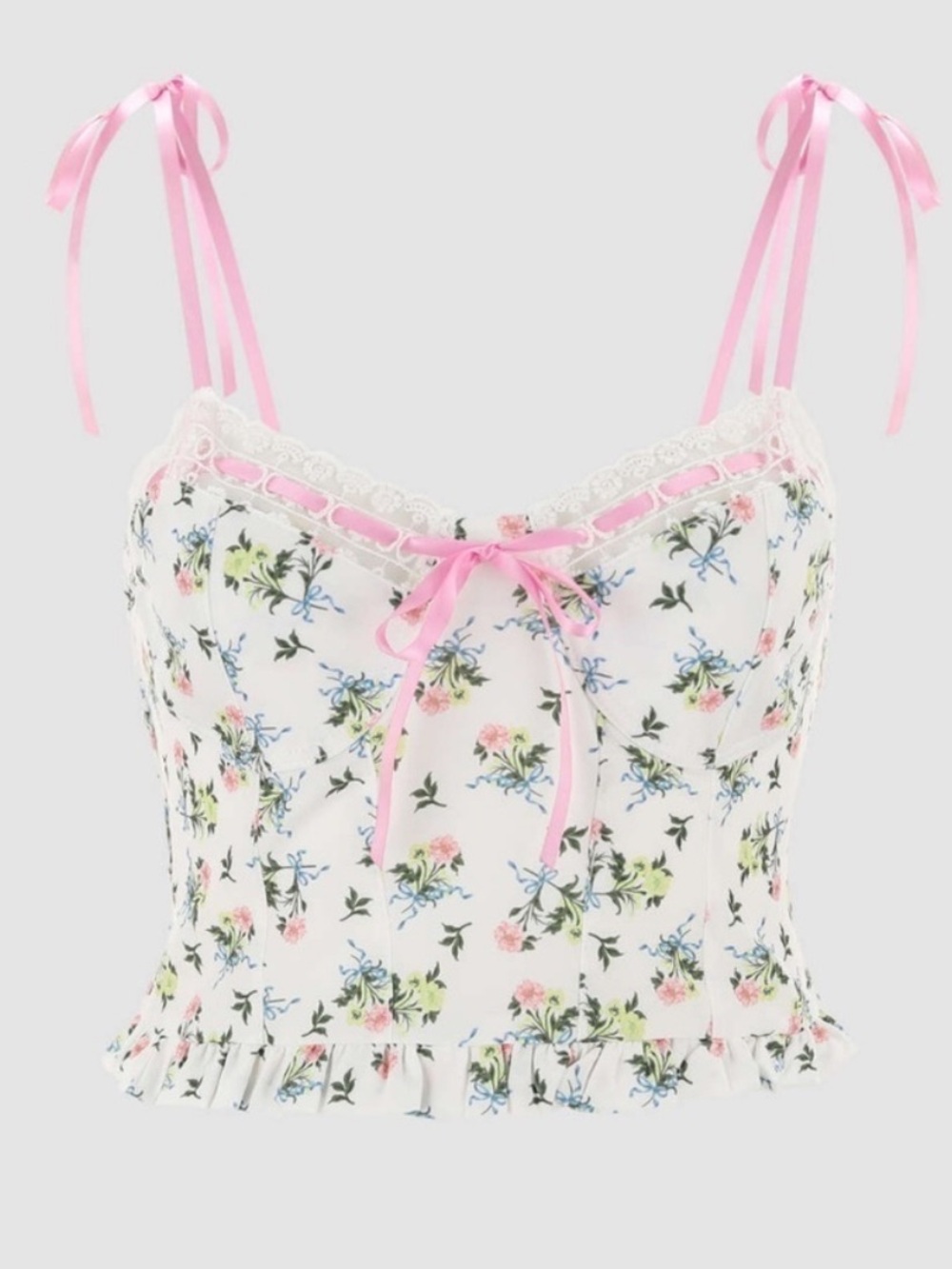 White Floral Lace-Trim Bustier Top with Pink Accents